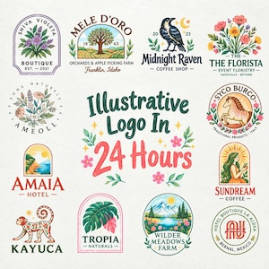 Könnte beinhalten: Eine Sammlung von zwölf farbenfrohen illustrativen Logos mit verschiedenen Motiven wie Blumen, Tieren, Landschaften und Text. Der zentrale Text lautet Illustrative Logo In 24 Hours in dunkelgrüner und rosafarbener Schreib- und Blockschrift.