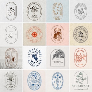 May include: A collection of sixteen circular and arched logo designs featuring various botanical, animal, and abstract illustrations with brand names like ASCH, MDR Ceramics, Foxwood Farms, Floral & Peel, Tropia, and The Steadfast Shop.