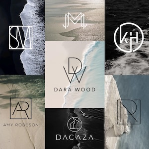 May include: A selection of minimalist logos, each showcasing initials or brand names. The designs are set against backgrounds of ocean waves, sandy beaches, and cliffs, using a monochrome colour palette.