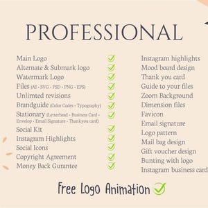 Może przedstawiać: Beżowa grafika ze słowem &bdquo;PROFESSIONAL&rdquo; na g&oacute;rze. Lista usług obejmuje projektowanie logo, zestawy medi&oacute;w społecznościowych i inne, z zaznaczeniami obok każdego elementu. Tekst &bdquo;Free Logo Animation&rdquo; znajduje się na dole.