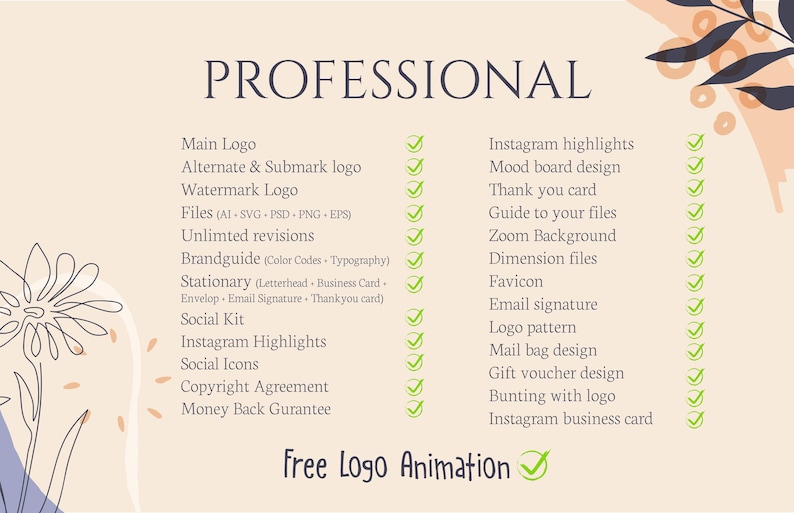 Może przedstawiać: Beżowa grafika ze słowem &bdquo;PROFESSIONAL&rdquo; na g&oacute;rze. Lista usług obejmuje projektowanie logo, zestawy medi&oacute;w społecznościowych i inne, z zaznaczeniami obok każdego elementu. Tekst &bdquo;Free Logo Animation&rdquo; znajduje się na dole.