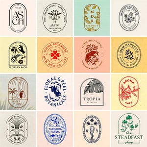 Könnte beinhalten: Eine Sammlung von sechzehn Logos im Vintage-Stil mit verschiedenen Designs. Die Logos zeigen botanische Illustrationen, Text und geometrische Formen. Die Farben umfassen Schwarz, Weiß, Rot, Grün und Gold. Einige Logos enthalten Text wie "Florian & Co" und "Foxwood Farms".