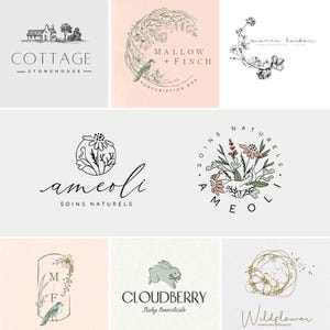 May include: A selection of logos with floral and nature-inspired designs. The logos feature illustrations of flowers, birds, and a cottage. Text includes "Mallow + Finch", "Cloudberry Baby Essentials", and "Wildflower Handpicked Bouquets". Soft colour palette.