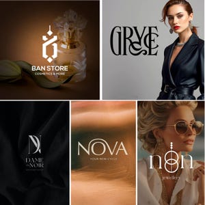 Puede incluir: Un collage de logotipos y una mujer. Los logotipos incluyen "BAN STORE COSMETICS & MORE", un frasco de perfume, "GRYE", "DAME EN NOIR", "NOVA YOUR NEW CYCLE" y "n8n jewellery". La mujer lleva una chaqueta de cuero negra y joyas.