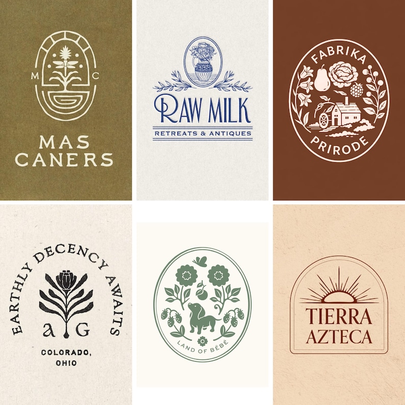Może przedstawiać: Kolekcja sześciu logo w stylu vintage z motywami botanicznymi i rustykalnymi. Projekty zawierają teksty takie jak "MAS CANERS", "RAW MILK", "FABRIKA PRIRODE", "EARTHLY DECENCY AWAITS", "LAND OF BEBE" i "TIERRA AZTECA". Każde logo zawiera unikalne ilustracje.