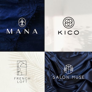Può includere: Quattro design di logo su sfondo bianco e blu navy. I loghi includono le parole "MANA", "KICO", "FRENCH LOFT" e "SALON MUSE". Ogni logo ha un design minimalista unico in bianco o nero.