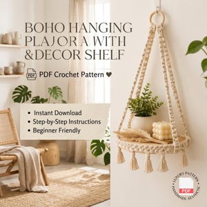 May include: A cream-colored macrame hanging shelf featuring a circular wooden base, thick braided cords, and decorative tassels. The text reads BOHO HANGING PLANTER WITH DECOR SHELF, PDF Crochet Pattern, Instant Download, Step-by-Step Instructions, Beginner Friendly.