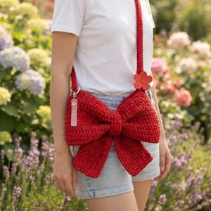 Crochet Bow Bag Pattern, Coquette Purse PDF, Red Ribbon Crossbody, Cute Handbag Tutorial, Statement Fashion Accessory