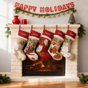 Vintage Embroidered Stockings with Name,Personalized Flax Animal Series Christmas Stockings,Holiday Stockings for Family,Christmas Gift