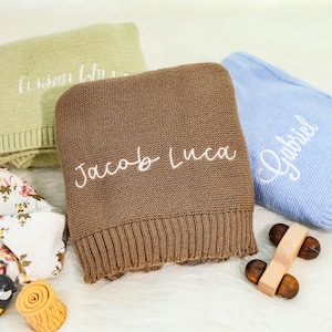 Personalized Name Knit Blanket,  Embroidered Baby Blanket, Cotton Knitted Baby Name Blanket, Baby Shower Gift, Christmas Gift, Gift for Girl