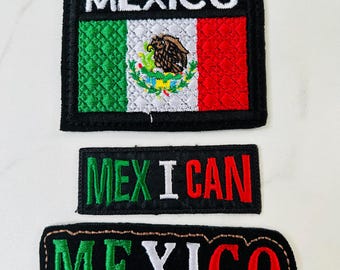 Mexico Embroidered Iron-On Patch Set, Mexican Flag & Text Designs