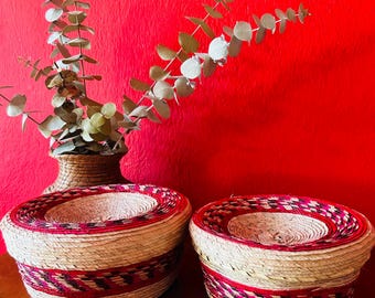 Handwoven Mexican Palm Baskets - Red & Natural, Set of 2
