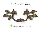 Vintage French Provincial Drawer Pull 3.5 quot centers RARE Style and size 3 1 2 quot on Center - Antique Dark Brass - Outer Top Leaf Version