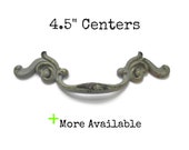 Vintage French Provincial Drawer Pull 4.5 quot centers RARE Size 4 1 2 inch on center - Distressed Chippy Gray Paint Over Brass Gold Color