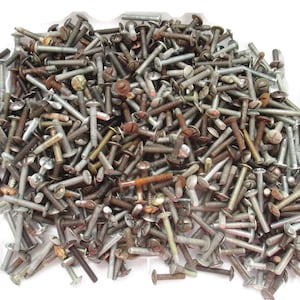 May include: A collection of assorted screws and bolts, showing a mix of sizes and finishes. The metal hardware includes silver, bronze, and rusty brown colours, with different head designs. The fasteners are piled against a white backdrop.