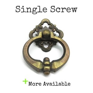 Vintage Ring Drawer Pull with Ornate Quatrefoil Backplate - Brass Tone