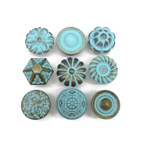 Vintage Turquoise Brass Tone Drawer Knobs - Eclectic Set of 9