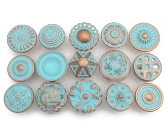 Set of 15 vintage drawer knobs All different Distressed Copper Turquoise Aqua CLEARANCE