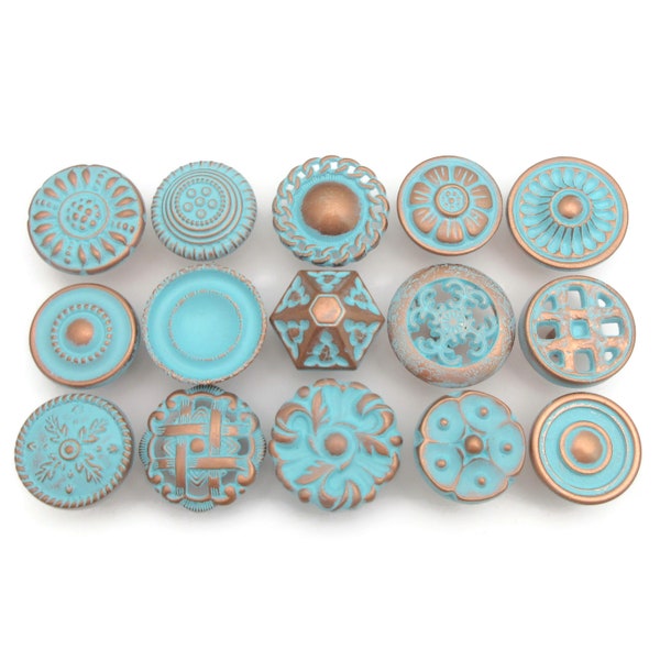 Set of 15 vintage drawer knobs All different Distressed Copper Turquoise Aqua CLEARANCE