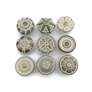 9 Vintage Brass & Cream Colored Drawer Knobs: Eclectic Mismatched Set