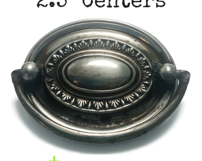 Vintage Drawer Pull 2.5 Centers Ornate Oval Shaped Hepplewhite Worn