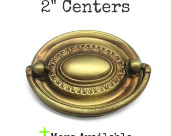 Vintage Drawer Pull 2" centers Oval Hepplewhite Brass Tone Metal Handle