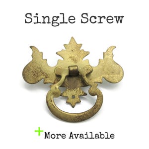 May include: A brass-toned metal drawer pull featuring a decorative backplate with a central vertical point and two side wings, paired with a swinging circular ring handle. The text "Single Screw" and "+ More Available" is visible.
