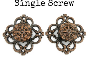 Pair of Ornate Aged Copper Vintage Backplates and Drawer Knobs - Furniture Hardware