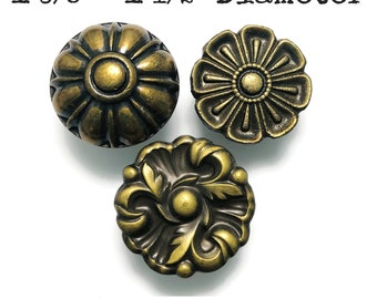 Ornate Vintage Drawer Knob 1 3/8" - 1 1/2" Diameter Brass Color French Provincial Handle