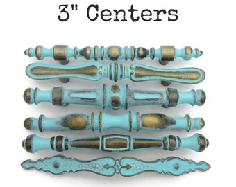 6 different vintage drawer pulls 3" centers Distressed Turquoise Aqua Blue Brass CLEARANCE