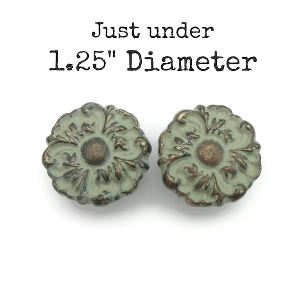 Pair of Vintage French Provincial Drawer Knobs - just under 1.25" Diameter Beige Brass Colored Round Handles