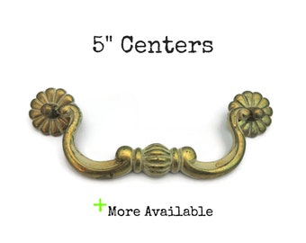 Vintage Drawer Pull 5" centers Ornate Bail Handle Chippy Cream Brass Gold Handle