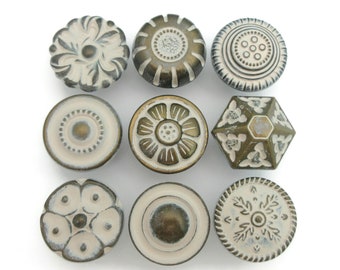 9 vintage drawer knobs All different Distressed Brass Cream Color Eclectic Collection Set CLEARANCE