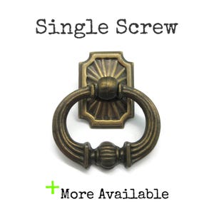 Vintage Ring Drawer Pull with Ornate Backplate - Aged Brass Tone