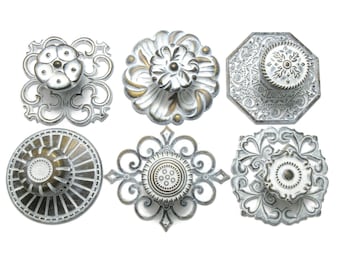 6 vintage drawer knobs with 6 backplates Distressed White Antique Brass Colored Set CLEARANCE