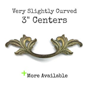 May include: A brass-toned metal drawer pull with an ornate, leaf-like design and a curved handle. The text above reads Very Slightly Curved 3" Centers, and the text below reads + More Available, indicating the hardware mounting distance.