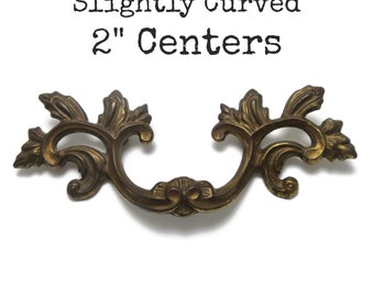 Slightly Curved Vintage French Provincial Drawer Pull 2" centers Outer Top Leaf Version Brass Color Metal