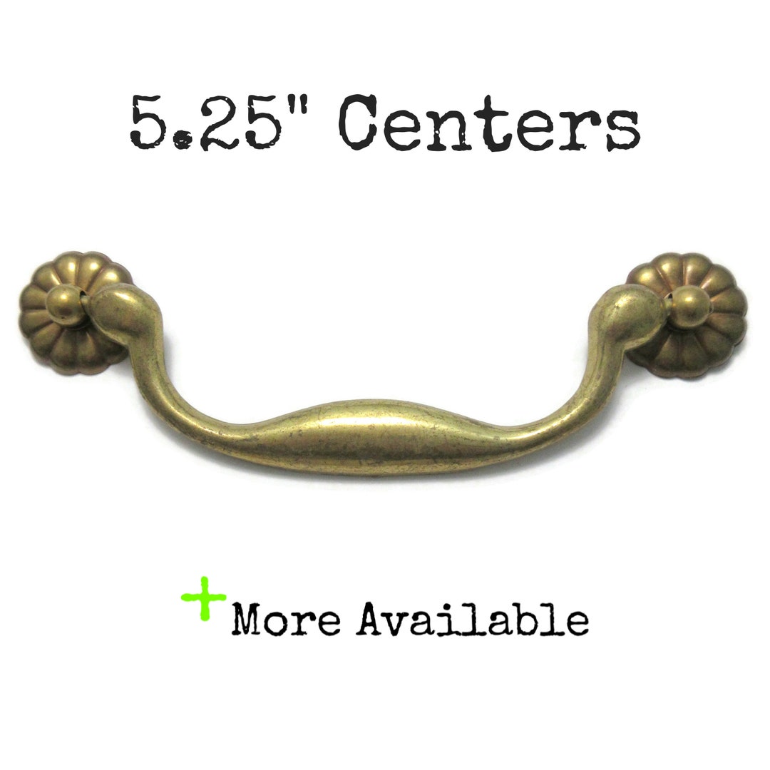 Vintage Drawer Pull 5.25 Centers Ornate Bail Pull Aged Brass Floral End
