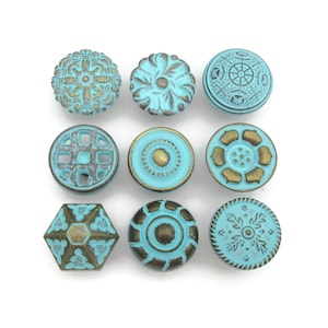 Vintage Turquoise Brass Tone Drawer Knobs - Eclectic Set of 9