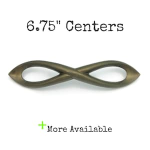 May include: Bronze-colored cabinet pull with an infinity symbol design. The pull measures 6.75 inches between centers. The text "6.75" Centers" is above the pull, and "More Available" is below.