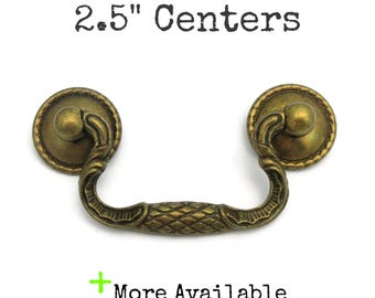 Vintage Drawer Pull 2.5" Centers Aged Brass Tone Metal Bail Handle