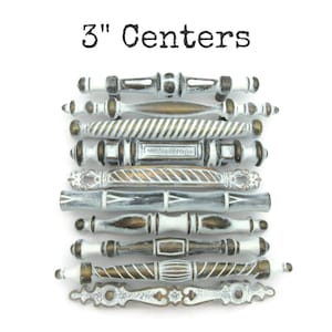 Lot of 10 vintage drawer pulls 3" centers - Mixed Set - Distressed White Brass Tone