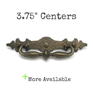 Vintage Drawer Pull 3.75" centers Etched Brass Tone Handle Swinging Bail