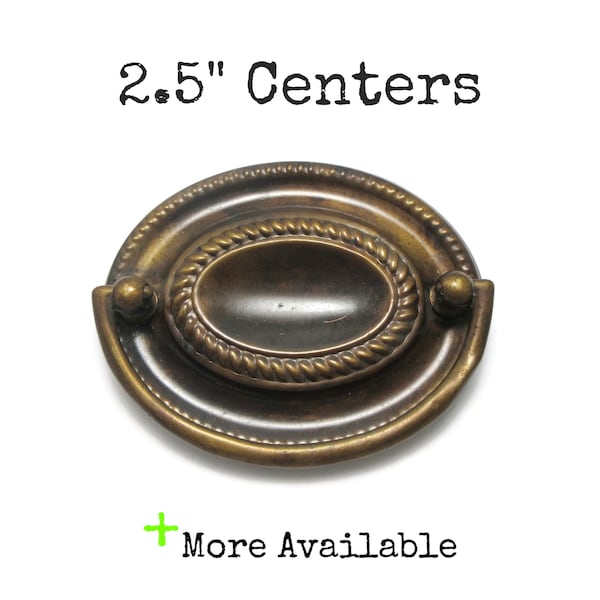 Vintage Drawer Pull 2.5" centers Ornate Oval Hepplewhite Aged Brass colored pressed metal handle