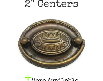 Vintage Drawer Pull 2" centers Oval Hepplewhite Handle Brass Tone Metal