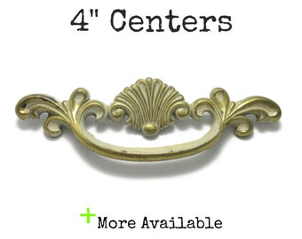 Vintage French Provincial Drawer Pull 4" centers Brass Gold Cream Shell Handle CLEARANCE