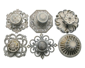 6 vintage drawer knobs with 6 backplates Distressed Cream Antique Brass Colored Set CLEARANCE