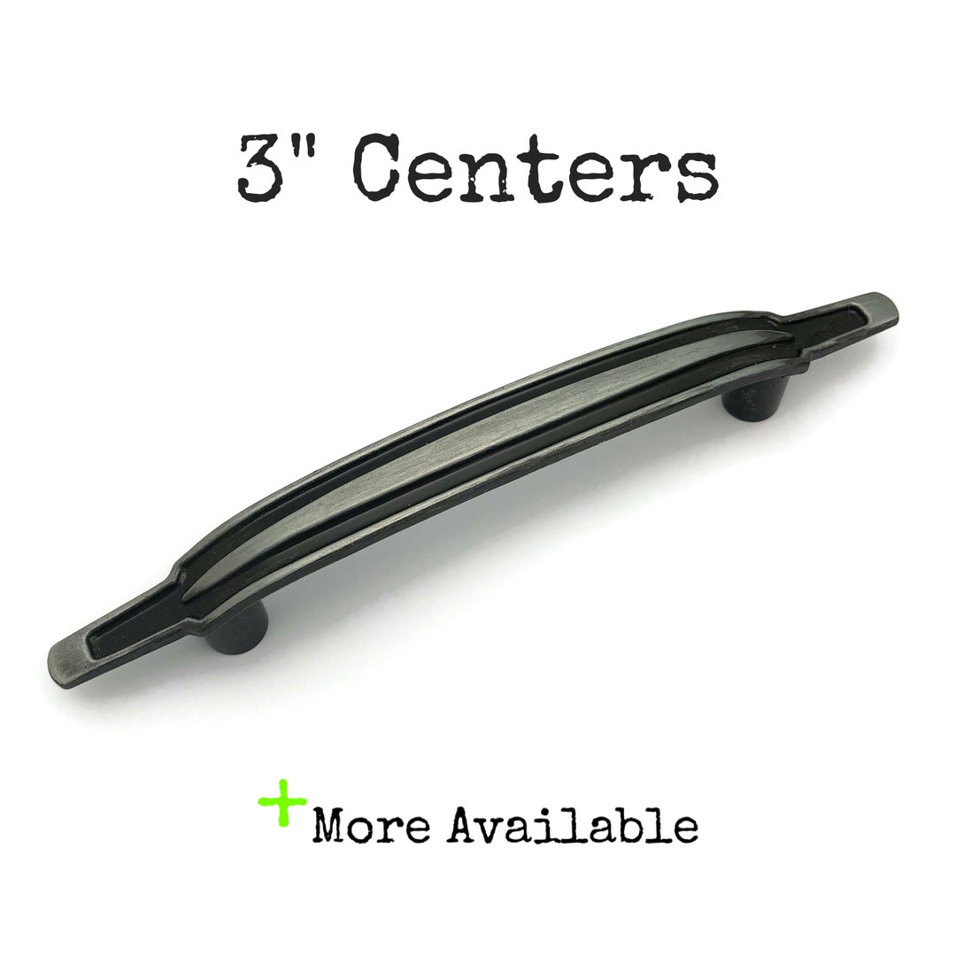 Vintage Drawer Pull 3 Centers MCM Sleek Pewter Black Atomic Handle