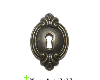 Vintage French Provincial Drawer Key Hole Cover Escutcheon Aged Brass Colored Metal with Nails Backplate CLEARANCE