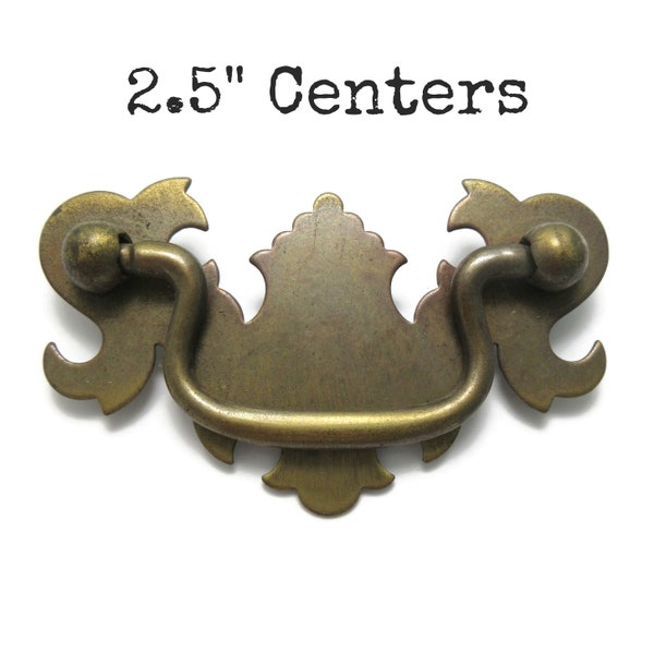 Vintage Drawer Pull 2.5" Centers Chippendale Aged Brass Color CLEARANCE